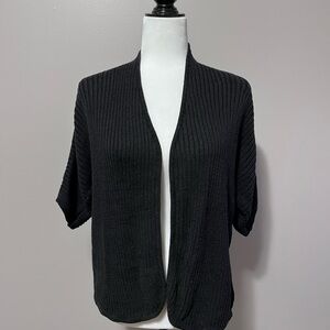 Chicos Black Open-Front Short Sleeve Cardigan Rib Knit Sweater